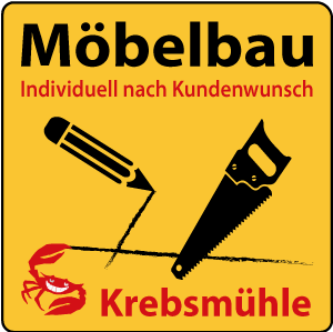 Möbelbausignet der Krebsmühle mit einem Bleistift und einer Handsäge
