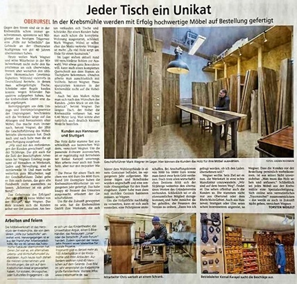 Zeitungsartikel Jeder Tisch ein Unikat Krebsmühle Möbel